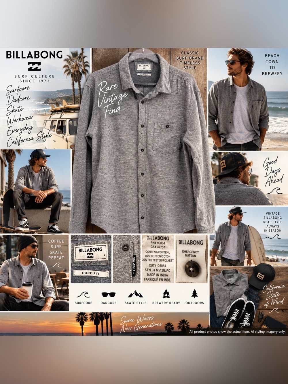 Rare VTG Billabong Jackson Shirt L Gray Slub Textured Surfcore Dadcore Skate EUC